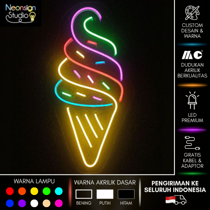 Neon Sign Ice Cream [BISA REQUEST UKURAN/GANTI UKURAN]│Dekorasi Cafe/Ice Cream Shop│Lampu Neon Es Kr