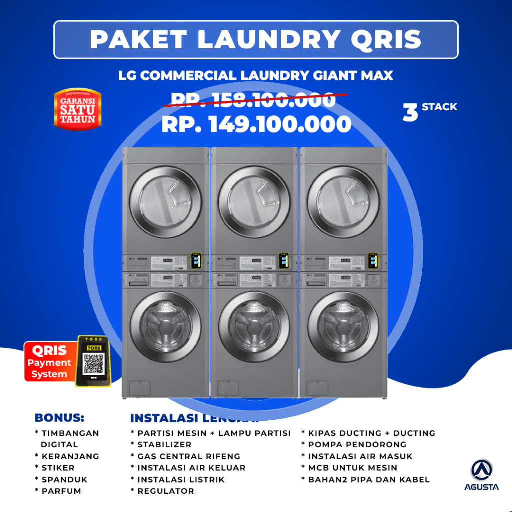 Paket Mesin Laundry Qris 3 Stack LG COMMERCIAL GIANT MAX