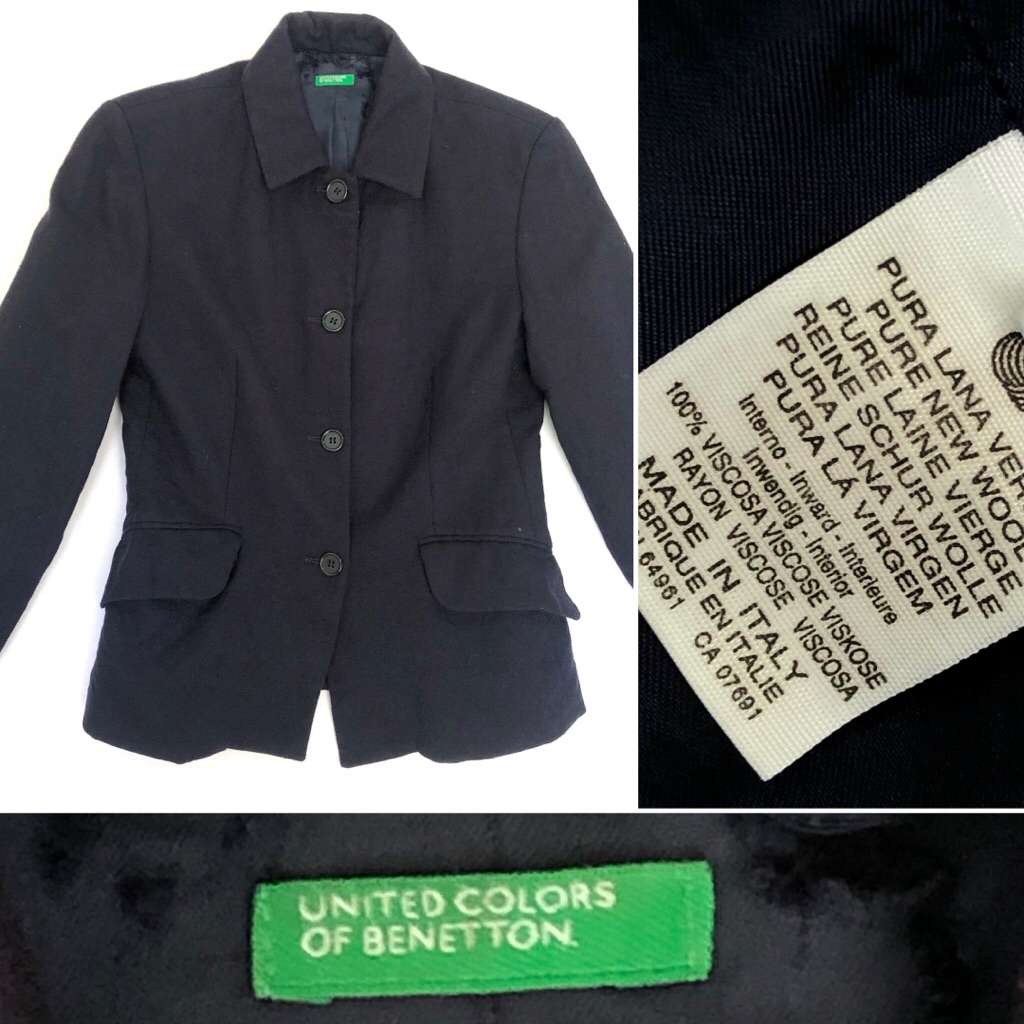 United Color of Benetton blazer navy wol viscose minus furing bagian leher jas formal dark academia 