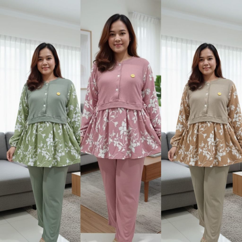 Yulia one set knit hornet/setelan terbaru model kekinian/setcel knit mix crinkle kombinasi motif bun