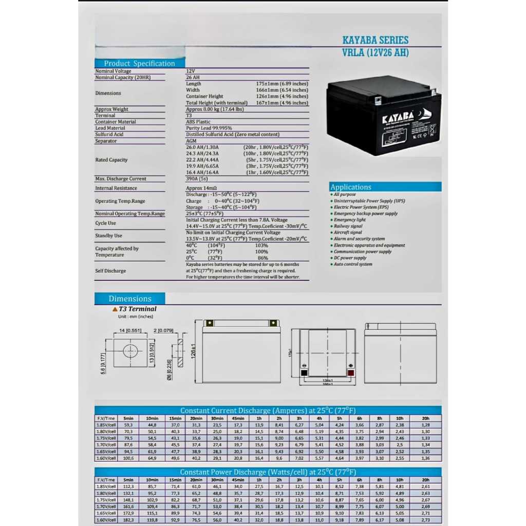 Kayaba KYB12-26 12 VDC 26 AH Baterai Aki Kering MF Vrla Deep Cycle UPS
