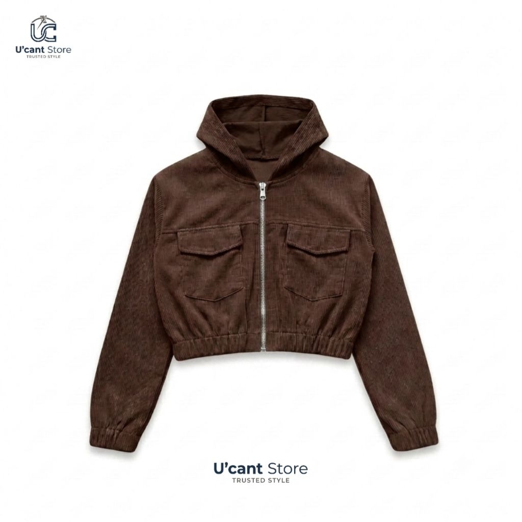 Jacket Corduroy Wanita Outer Crop Hoodie - COKLAT TUA