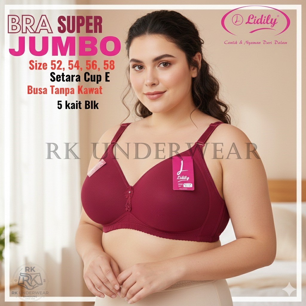 Lidily Bra Besar Super Jumbo Cup E Tanpa Kawat Busa Tipis Kait 5 Big Size 52 54 56 58