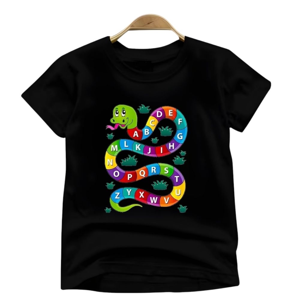kaos baju anak gambar edukasi ular ABC alfabet pelangi