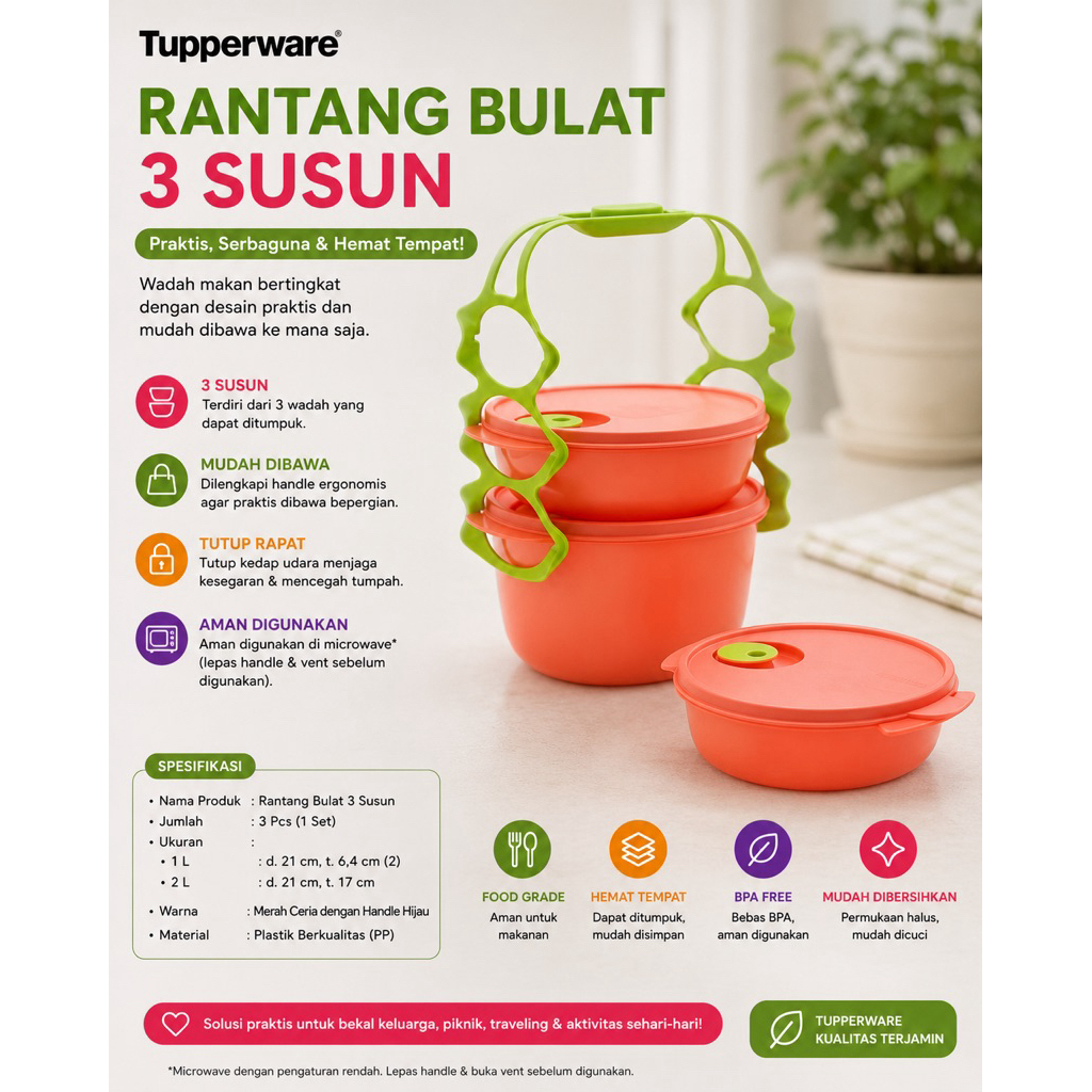 tupperware carry all bowl warna guava ukuran 1L + 1L + 2L rantang bulat 3 susun