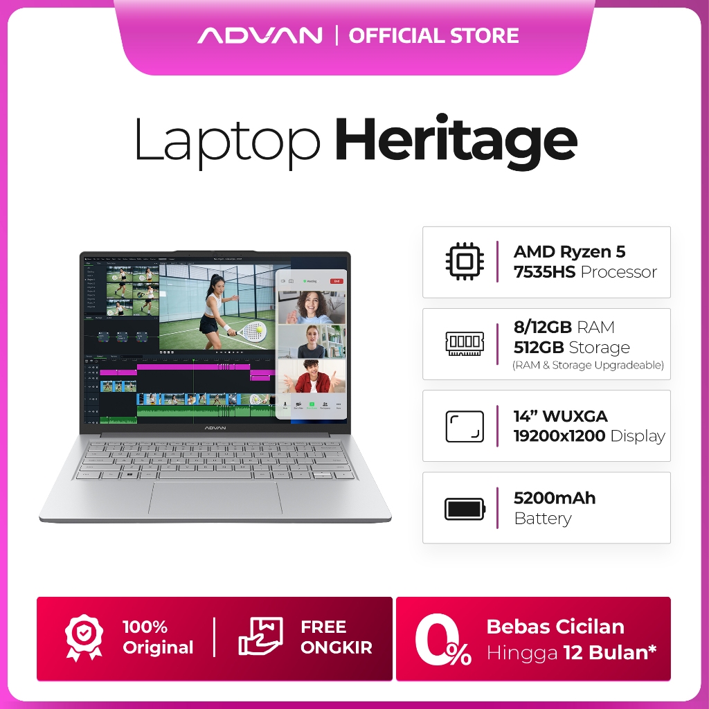 [FREE STAND LAPTOP] ADVAN Laptop Workplus Heritage Ryzen 5 7535HS | 16GB/1TB | Desain Eksklusif Bati