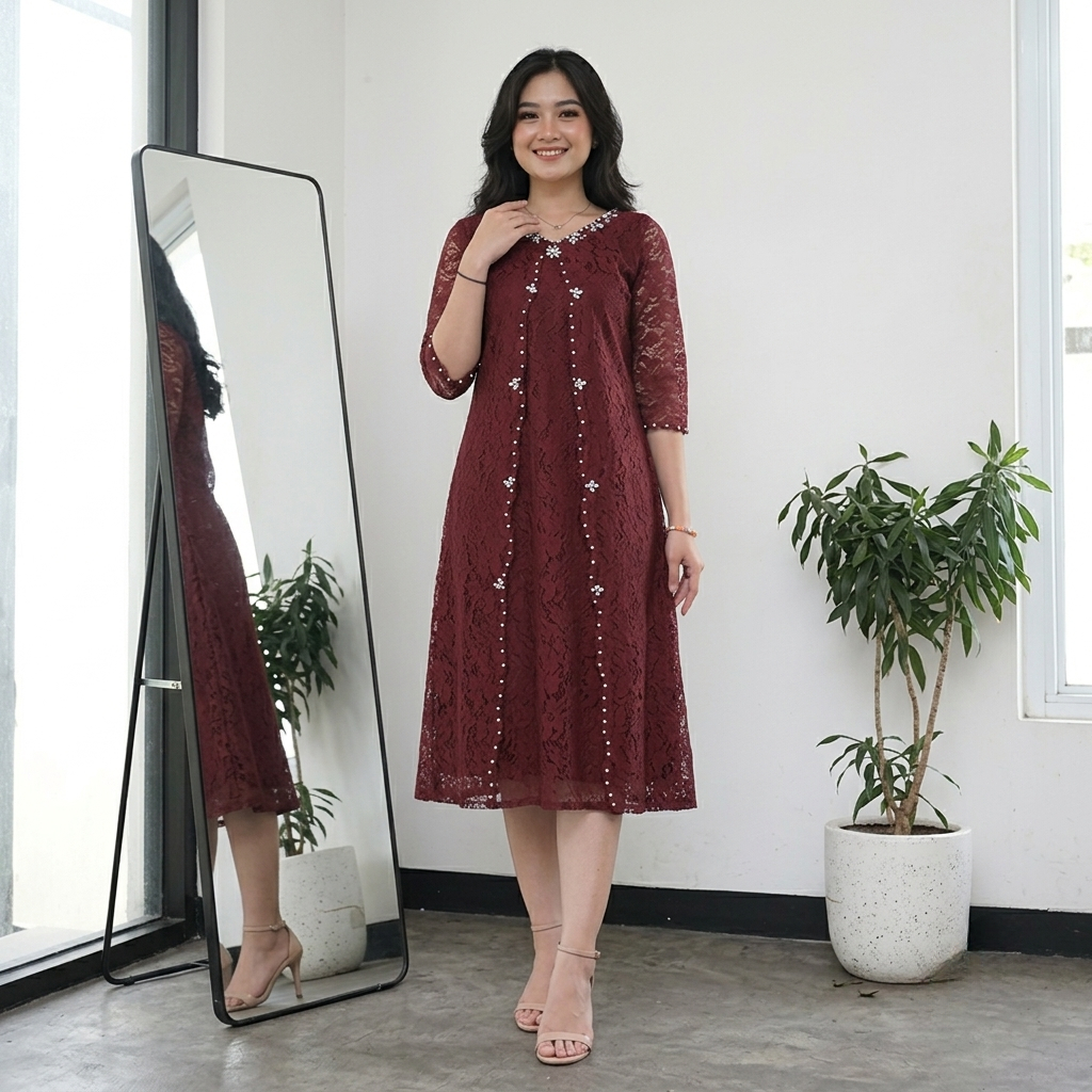 Drees Gabriela Mix Payet Brokat MIDI Wanita / Dres Kondangan Modern Baju Wanita / Dres Seragam Natal