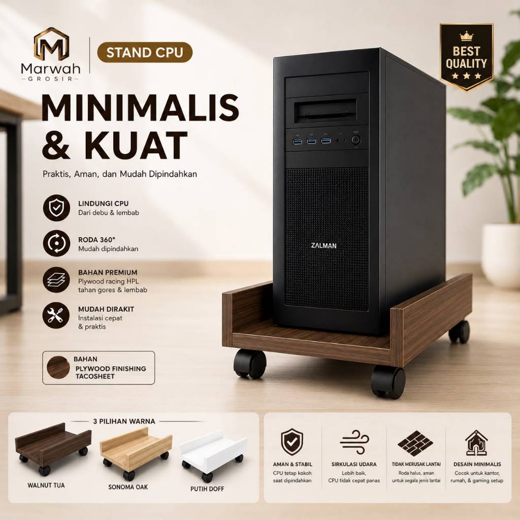 KHOZA Rak stand CPU Komputer Roda / Tatakan CPU Kayu Anti Air , Dudukan CPU Roda Bisa Geser - Rak Ko