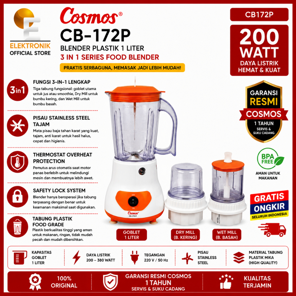 Cosmos CB172P Blender Plastik 1L Pisau Stainless Steel Thermostat Overheat Protection 3 in 1 Series 