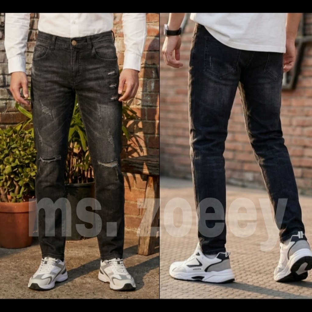 MS.ZOEEY CELANA PANJANG PRIA JEANS STRETCH SOBEK LAPIS RIPPED ROBEK HITAM DEWASA