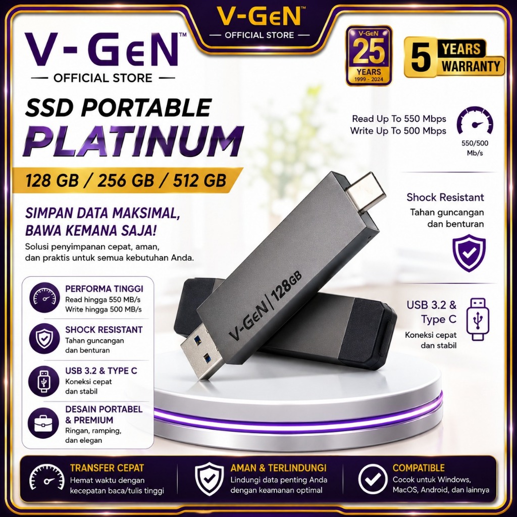 SSD V-GeN Portable Platinum Usb 3.2 Type-C 128GB / 256G/ 512GB