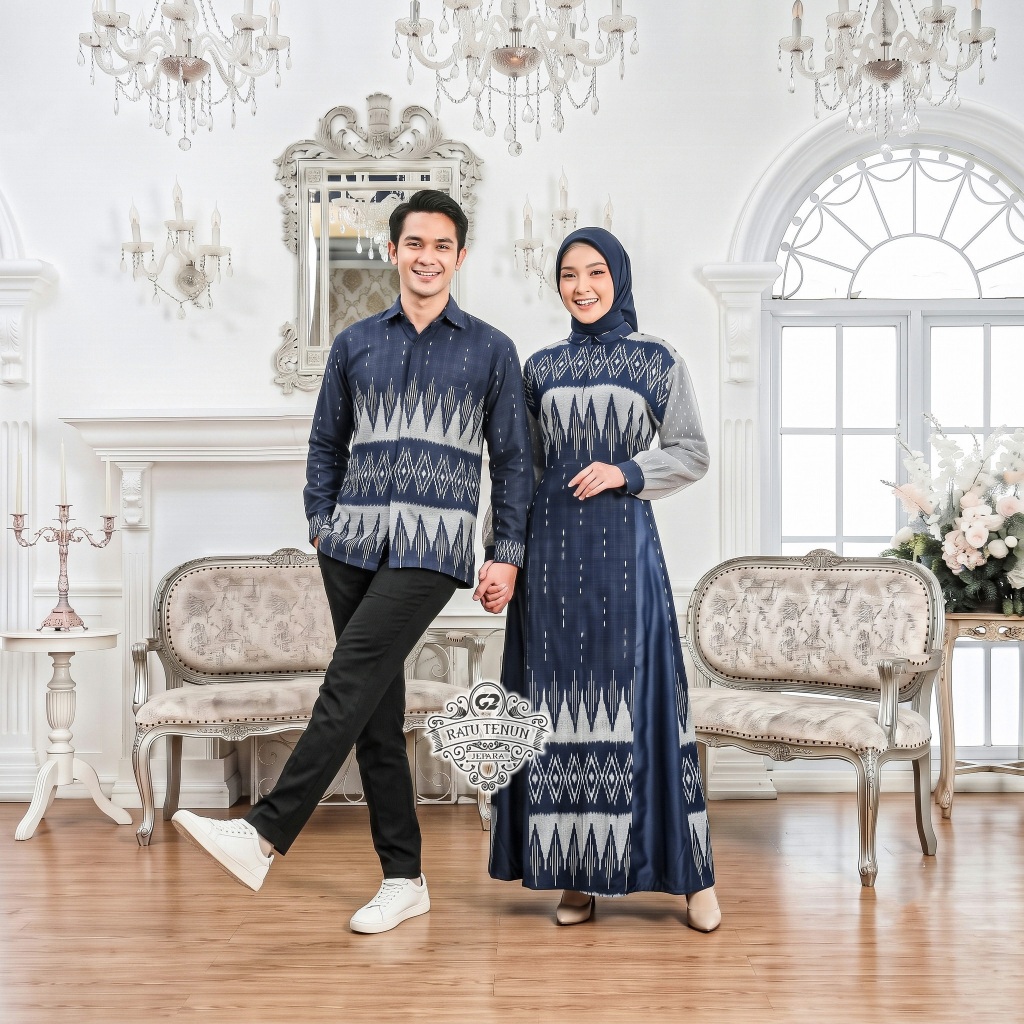 Set Couple Dress Tenun GHANIA NAVI, set baju gamis seragam keluarga - Baju Lebaran - kondangan -