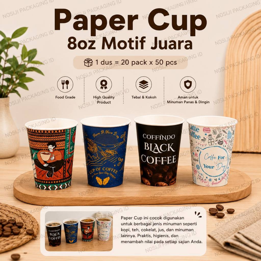 50PCS PAPER CUP 8OZ  COKELAT IVORY - PAPER CUP CRAFT MOTIF - PAPER CUP IVORY MOTIF