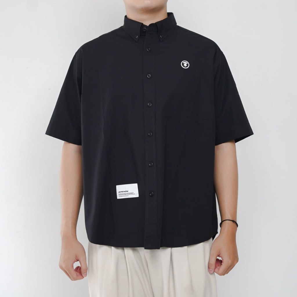 Kemeja AAPE HEAD PATCH POCKET WHITE BLACK SHIRT 100% ORIGINAL