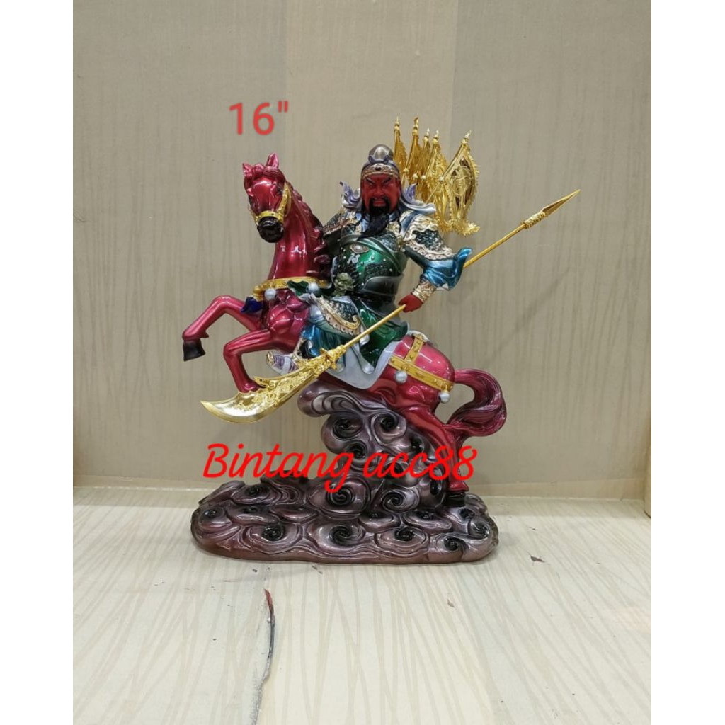 patung dewa kwan kung / kwan kong / guan yu - kuda merah - fiber - 16inch