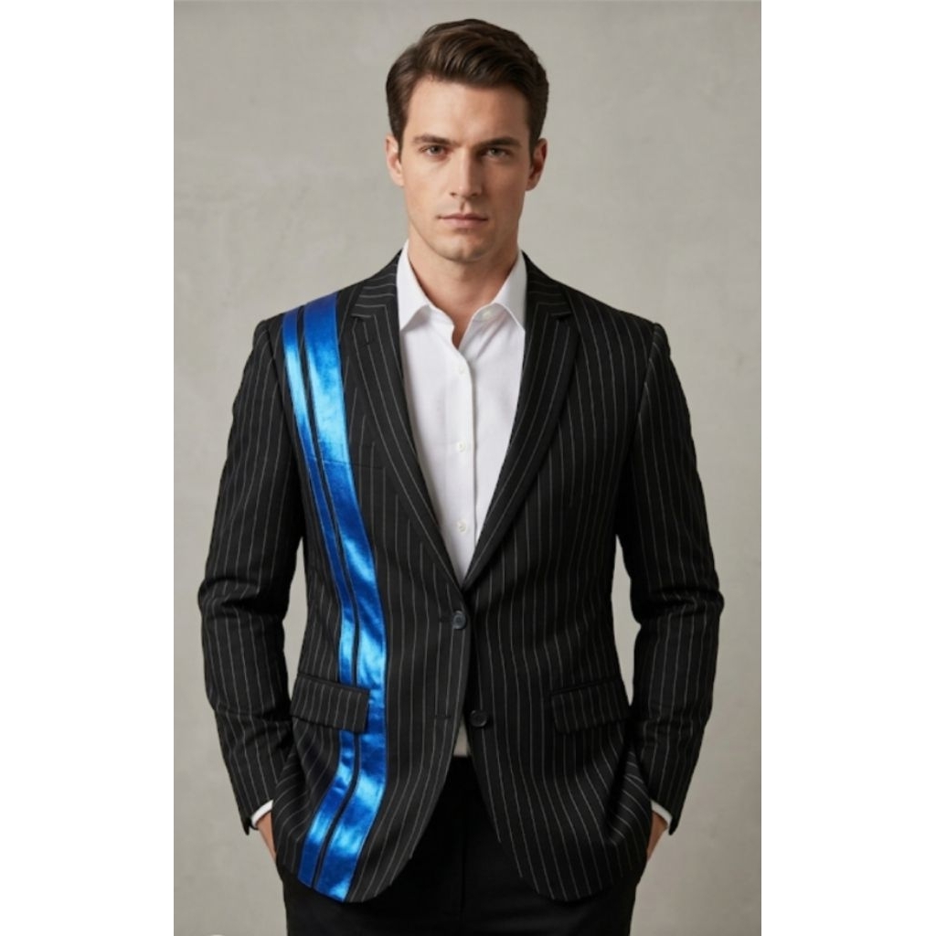 Blazer Jas Pria Hitam Motif Garis Inc* Kasual