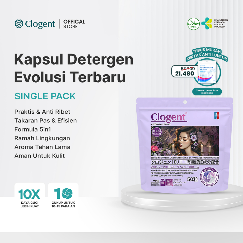 CLOGENT Laundry Pods 5in1 Isi 50 Pods Detergent Kapsul Wangi Tahan Lama 10X Kekuatan Bersih Noda