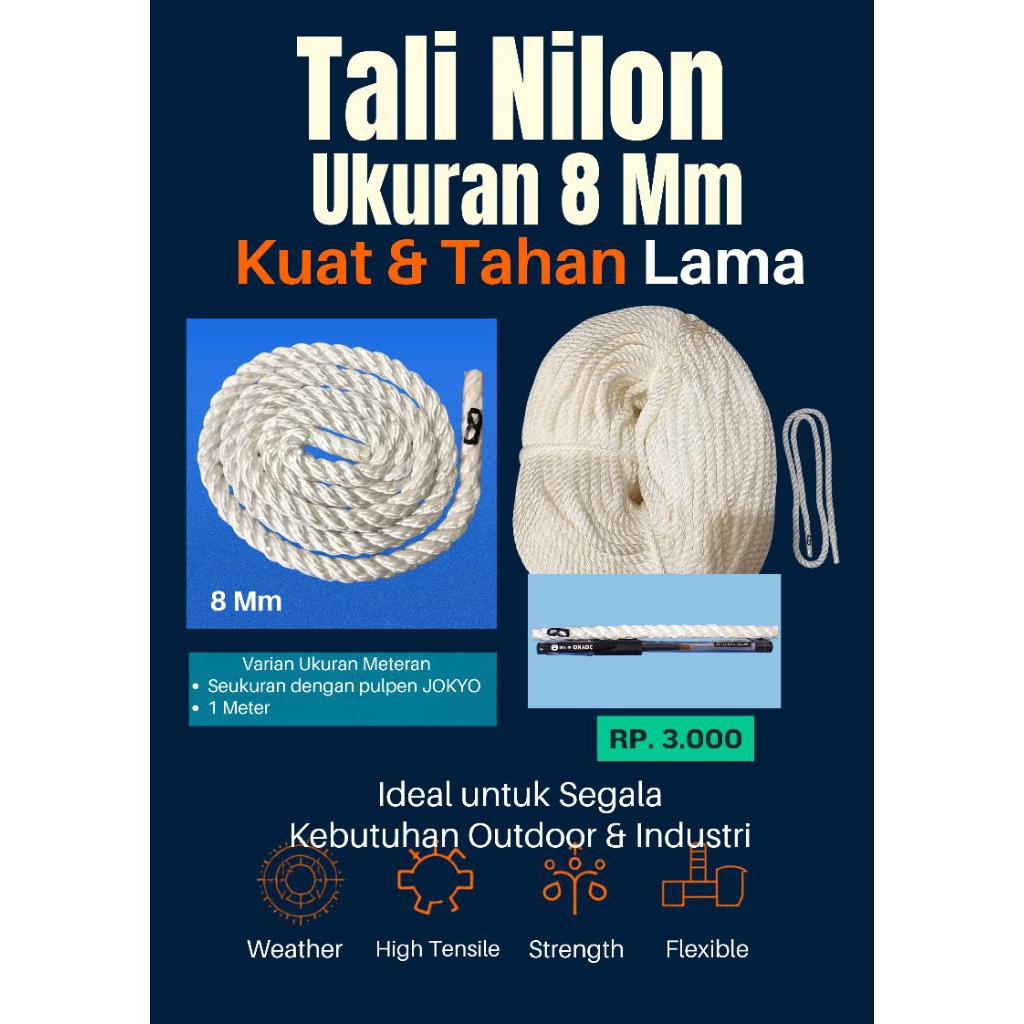Tali Nilon 8mm Per Meter | Tali Tambang Nilon Kuat Serbaguna