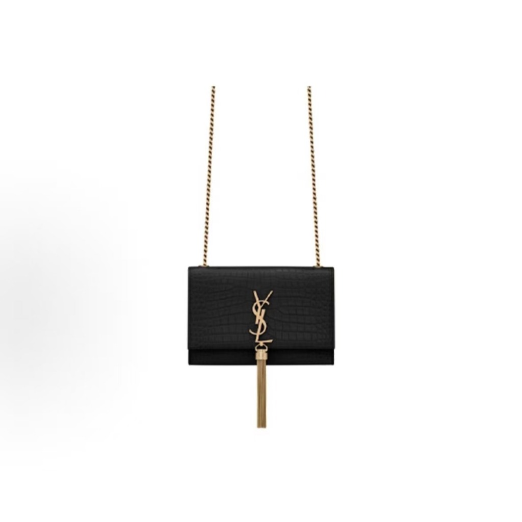 YSL KATE vintage chain gold logo tassel crocodile pattern embossed shiny leather with suede shoulder
