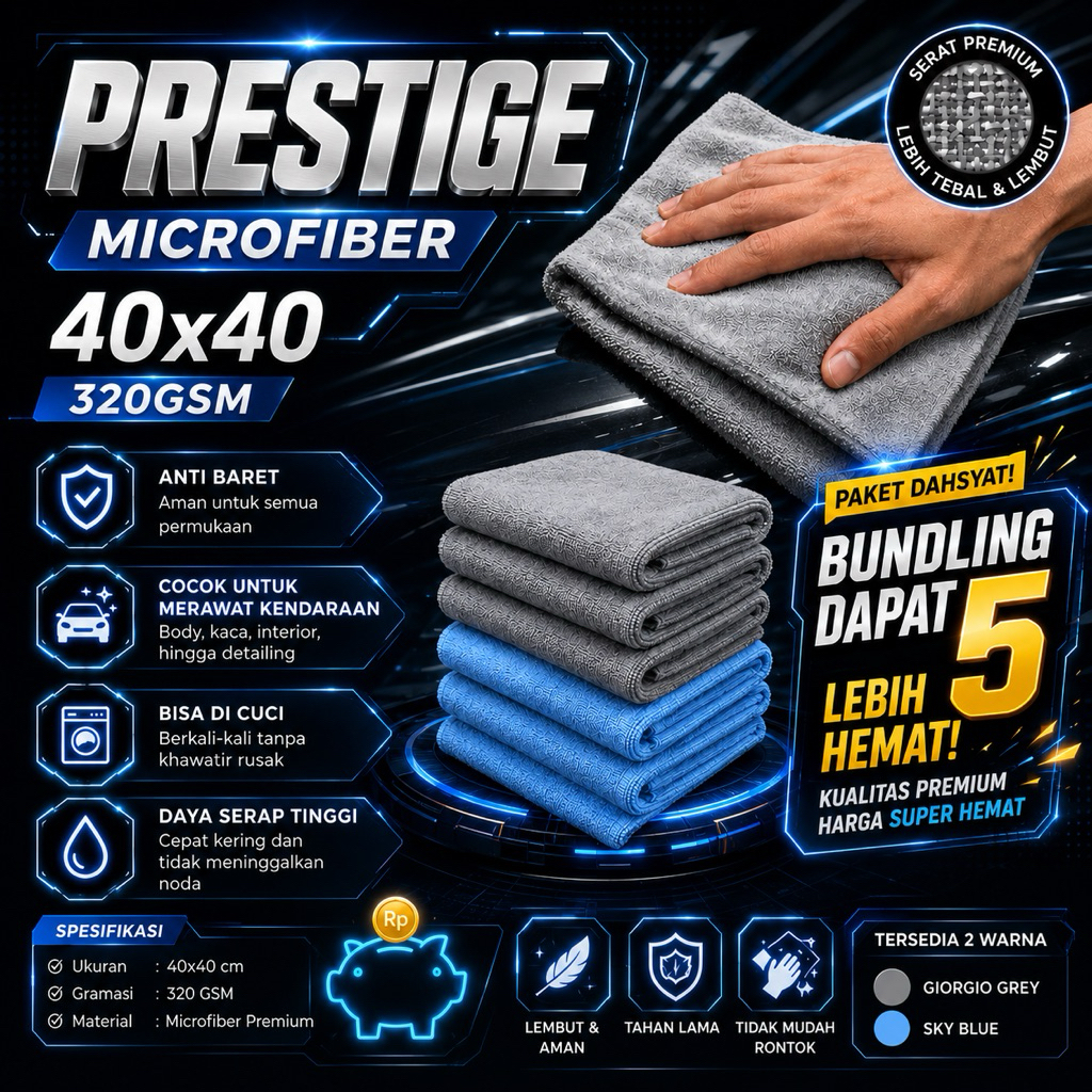 [ PAKET DAHSYAT ] 5 PIECE PRESTIGE Lap Kain Microfiber Anti Baret 320GSM 40x40 BUDISPEED ( DAPAT 5 P