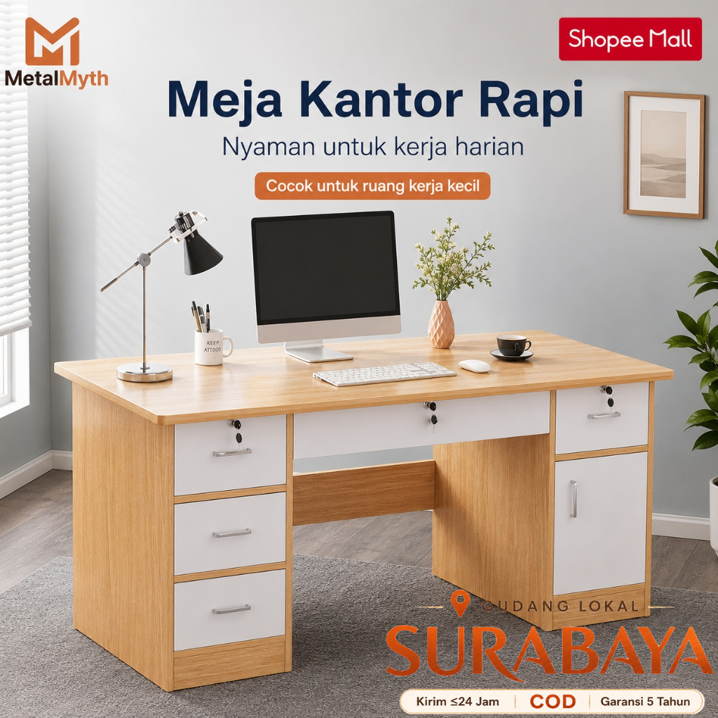 MetalMyth Meja Kantor Minimalis Dilengkapi Laci Meja Komputer untuk Kerja dan Belajar 140cm