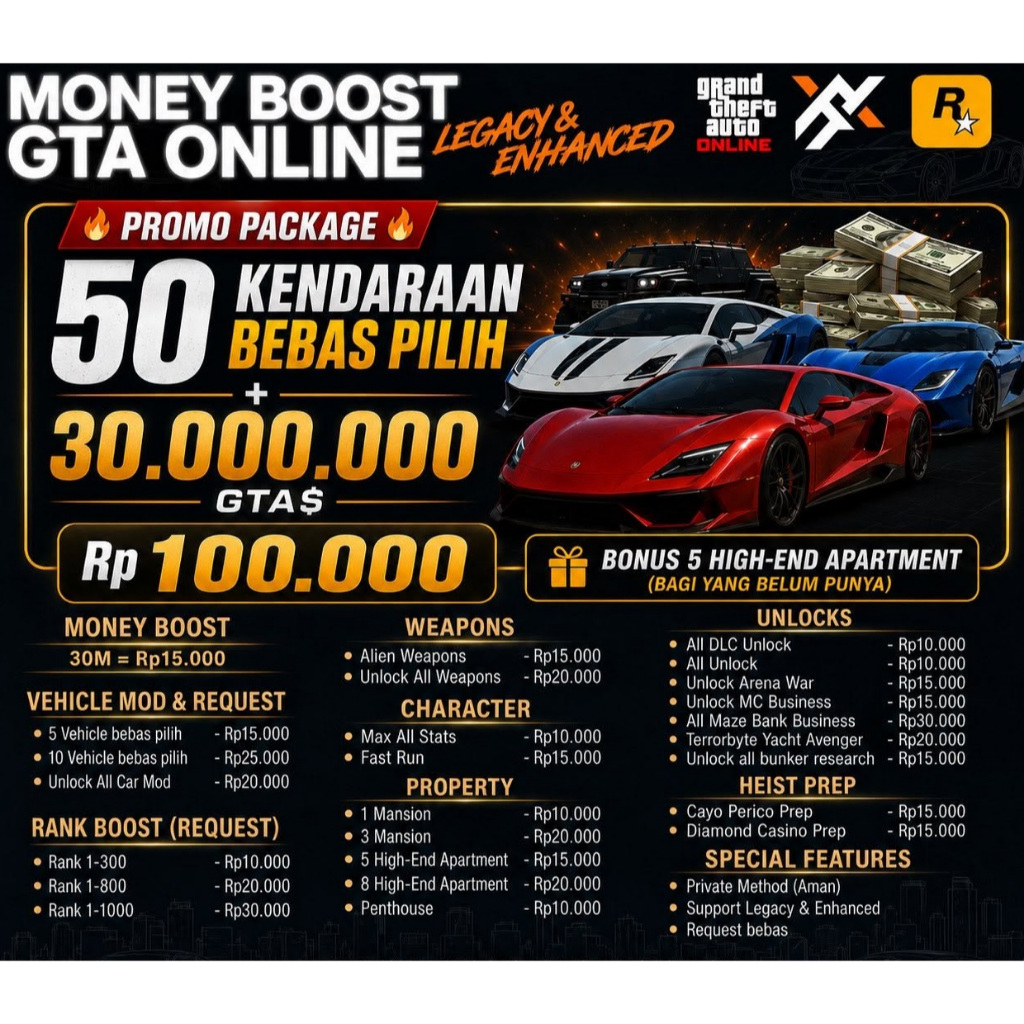 Jasa Joki GTA V Online Jasa joki uang Gta 5 online Enhanced & Legacy Boost Murah | Money Rank Unlock