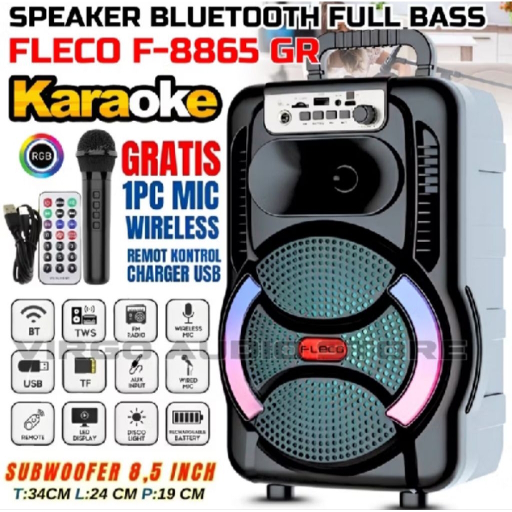Speaker Fleco F-8865 GR Bluetooth Speaker Karaoke Free Mic Nirkabel Speaker Bluetooth Karaoke salon 