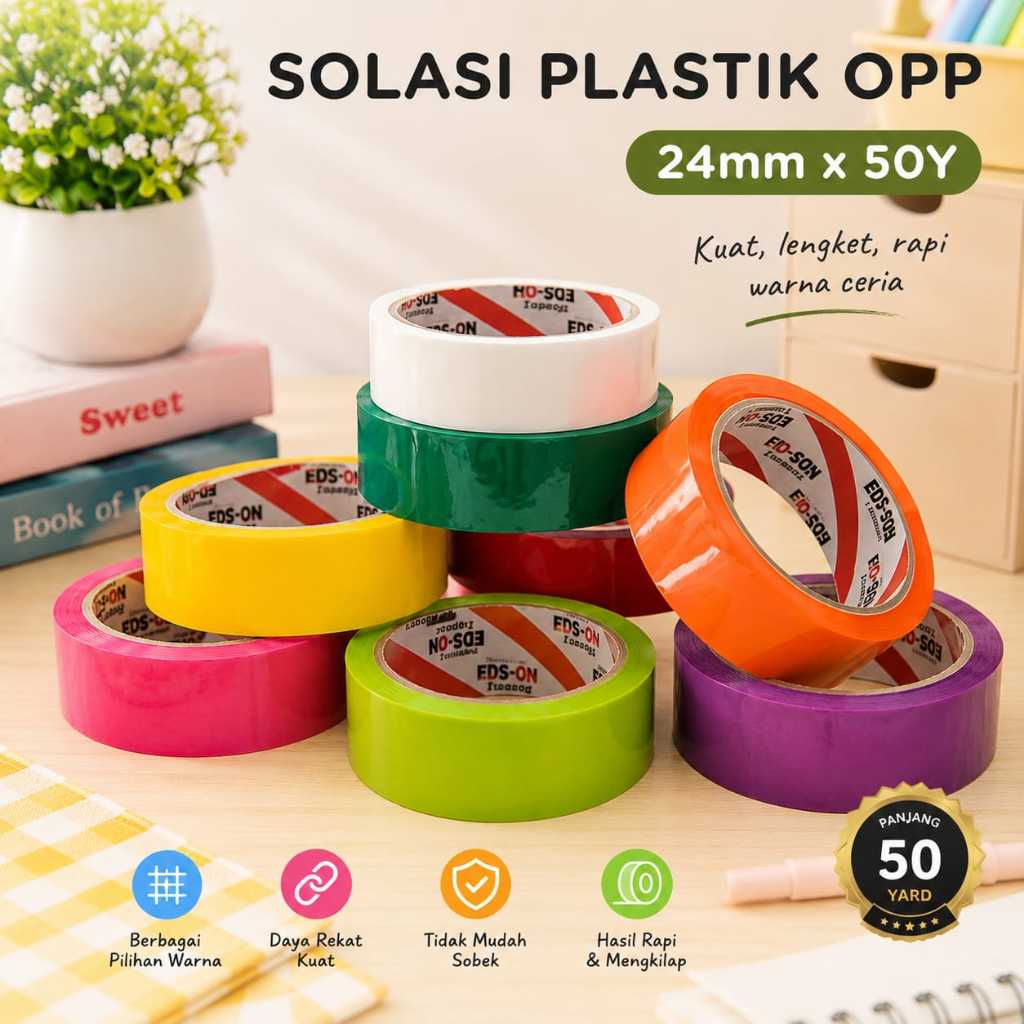 SOLASI ISOLASI LAKBAN PLASTIK OPP WARNA WARNI 24MM X 50Y SOLASI PACKING CODING PAKET BARANG