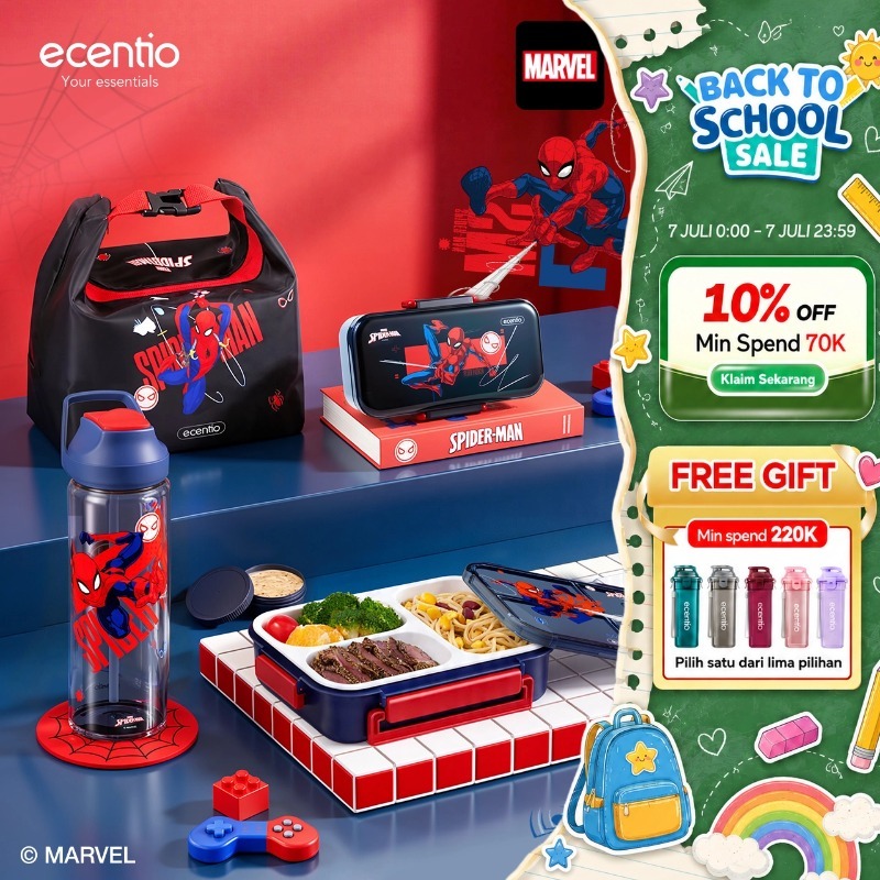 [Back To School] ecentio Kotak Makan Set Seri Spider Man anti tumpah lunch box anak 800ml free sendo
