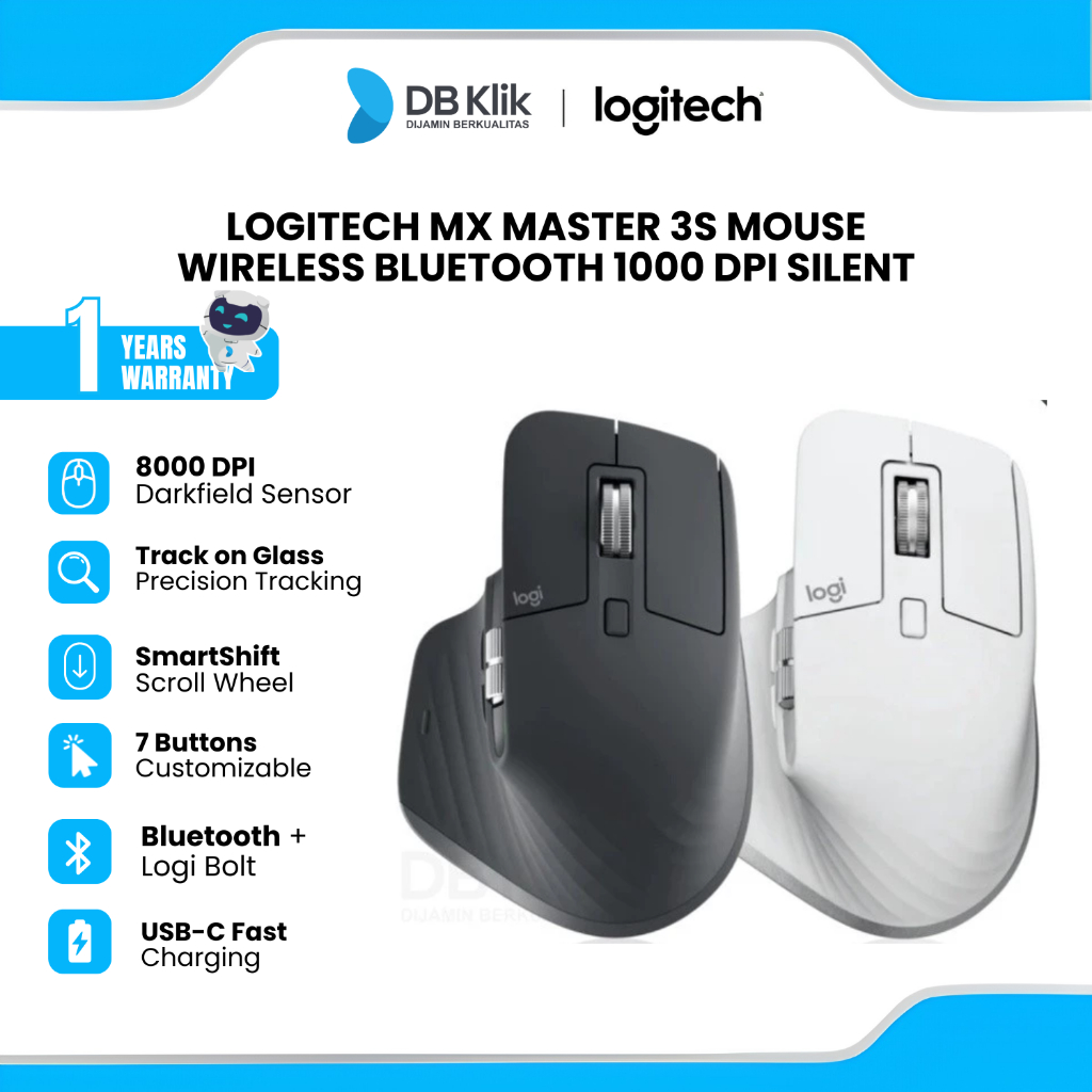 Logitech MX Master 3S Mouse Wireless Bluetooth 1000 DPI Silent  Rechargeable