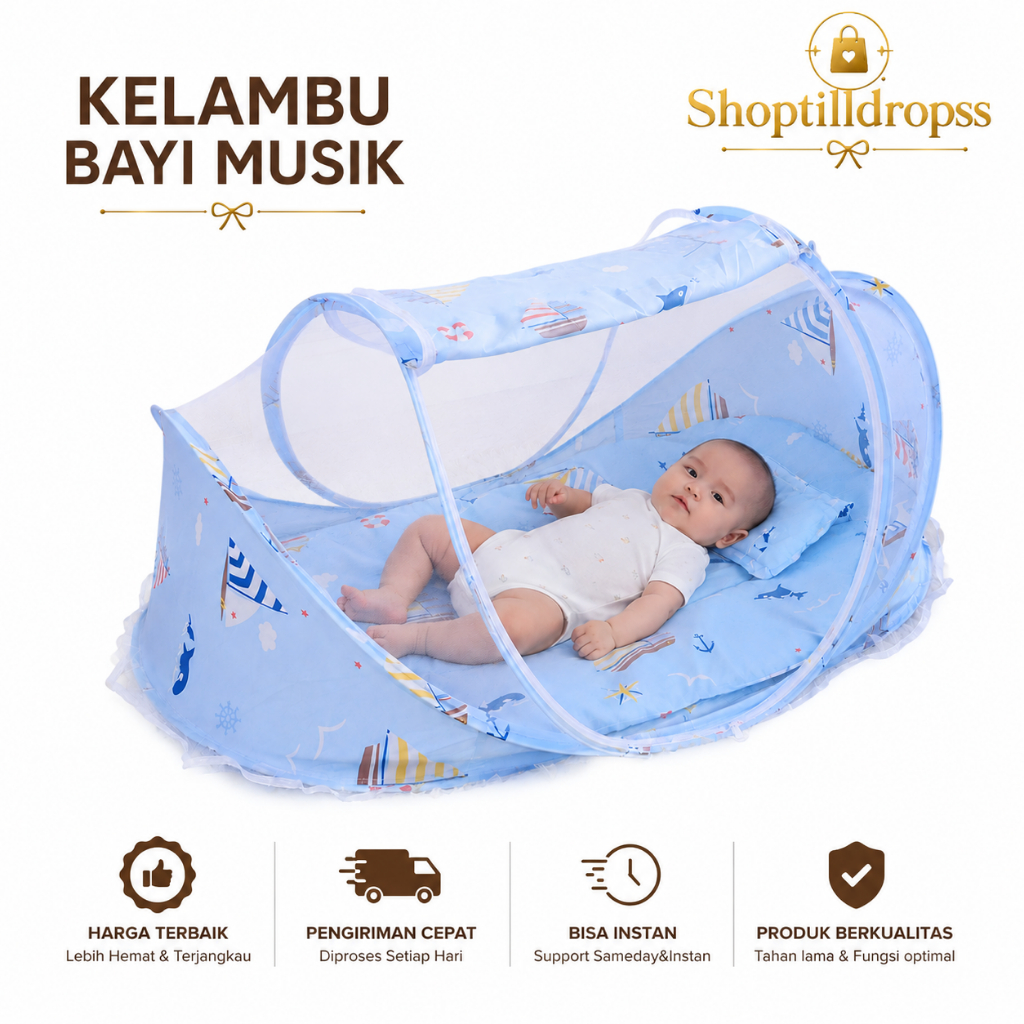 Kasur Kelambu Bayi 3 In 1(Dapat Dilipat) Kelambu Bayi+Tilam Bayi+Bantal Bayi Dengan Bantal Dan Kasur