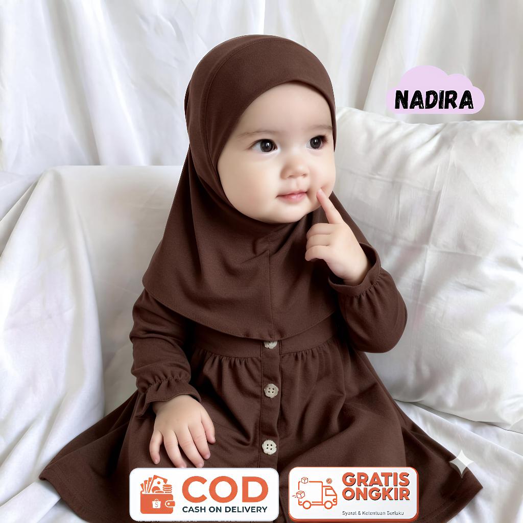 NADIRA - Gamis Bayi Set Hijab Perempuan Abaya Anti Gerah Usia 1 - 12 Bulan Gratis Hijab