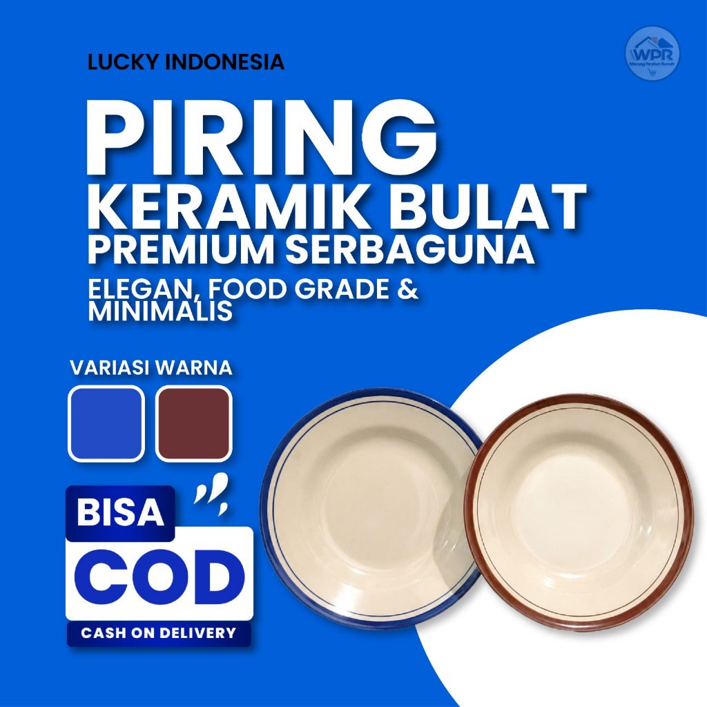Piring makan keramik Lucky Coklat / Biru  - Piring Serbaguna 8"