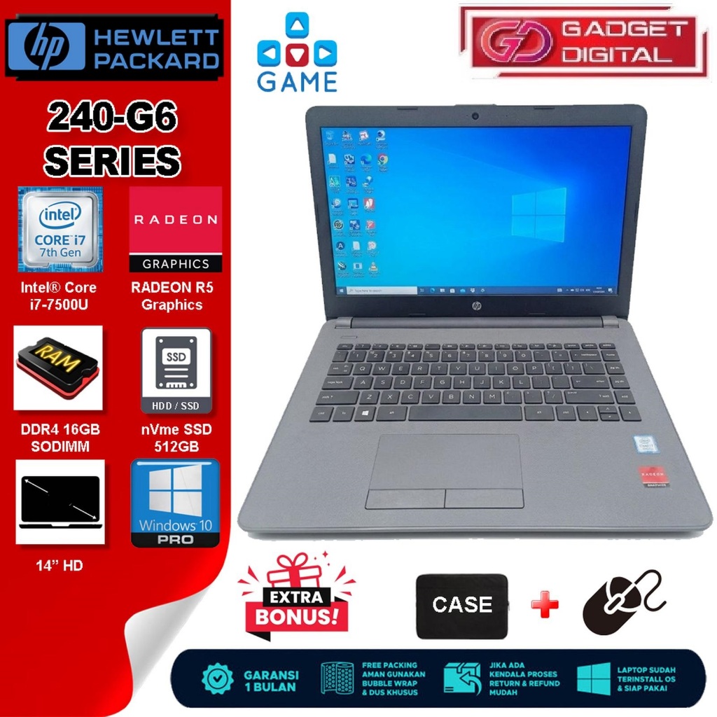 Laptop HP 240-G6 Core i7 Gen 7 Radeon R5 | 16GB / nVme SSD 512GB | 14" HD LED