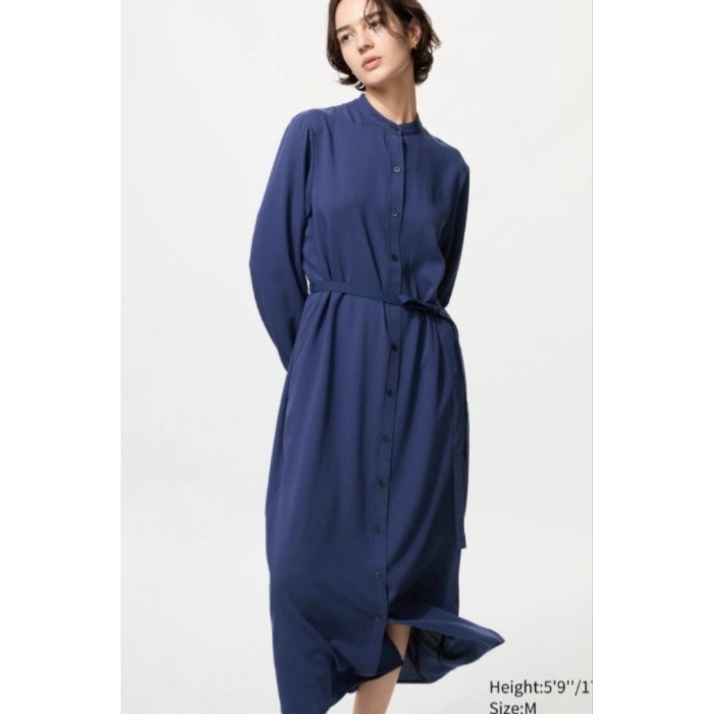 Gaun wanita waffle kerah bulat gaun kemeja rayon uniqlo