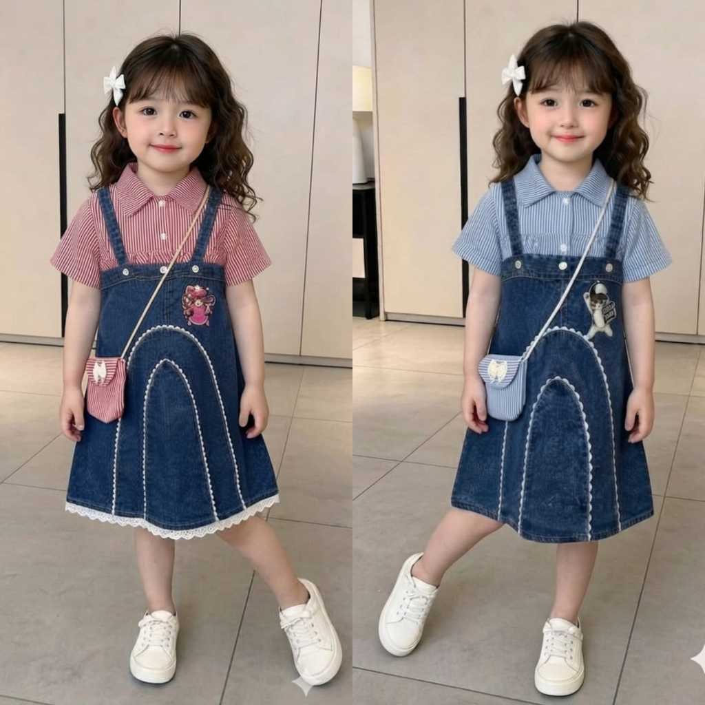 MIDI DRESS FLOWY MOTIF VIRAL DRESS ANAK PEREMPUAN JEANS PREMIUM MEWAH USIA 3 -10 TAHUN/BAJU DRESS AN
