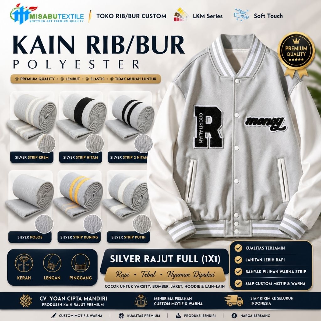 Kain rib bur jaket poliester texart silver abu muda rajut premium polos dan strip