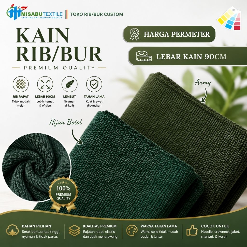 Kain rib/bur untuk jaket polyester premium hijau botol polos