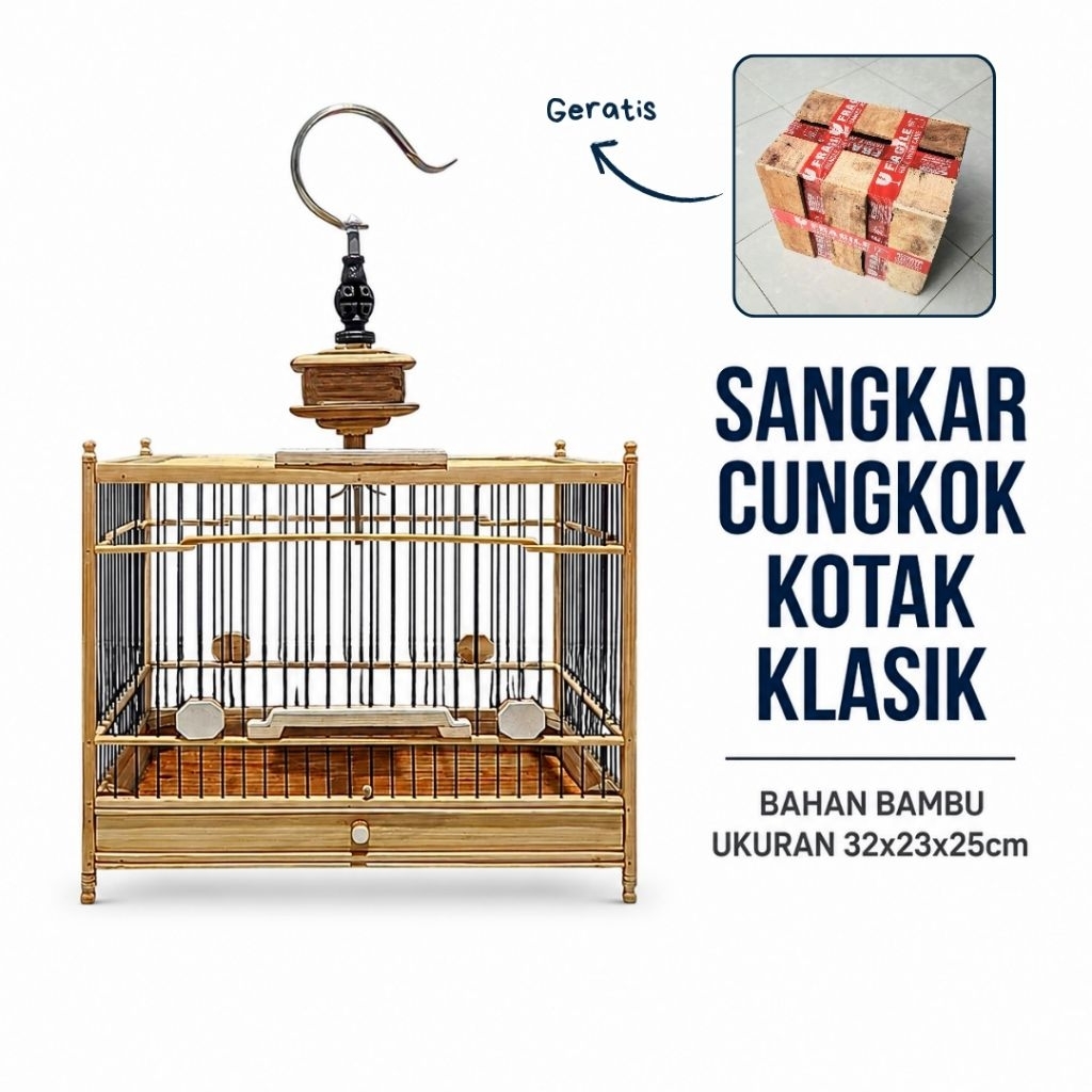 Sangkar Cungkok Kotak Minimalis Full Bambu, Ukuran 32x23x25 cm. Untuk Burung Kecil hingga Sedang.