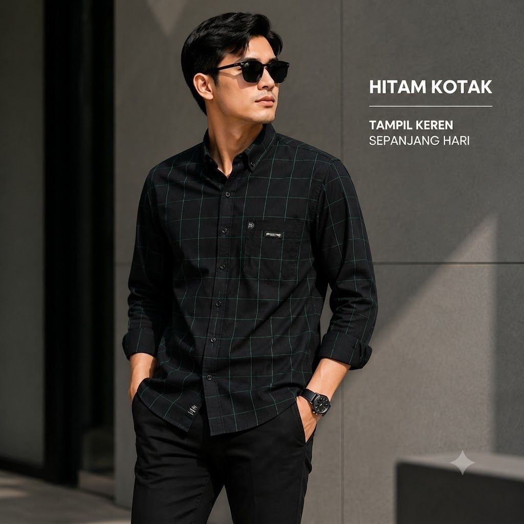 Kemeja Pria Lengan Panjang Kemeja Flanel Hitam Garis Hijau Kemeja Kotak-kotak Pria laris