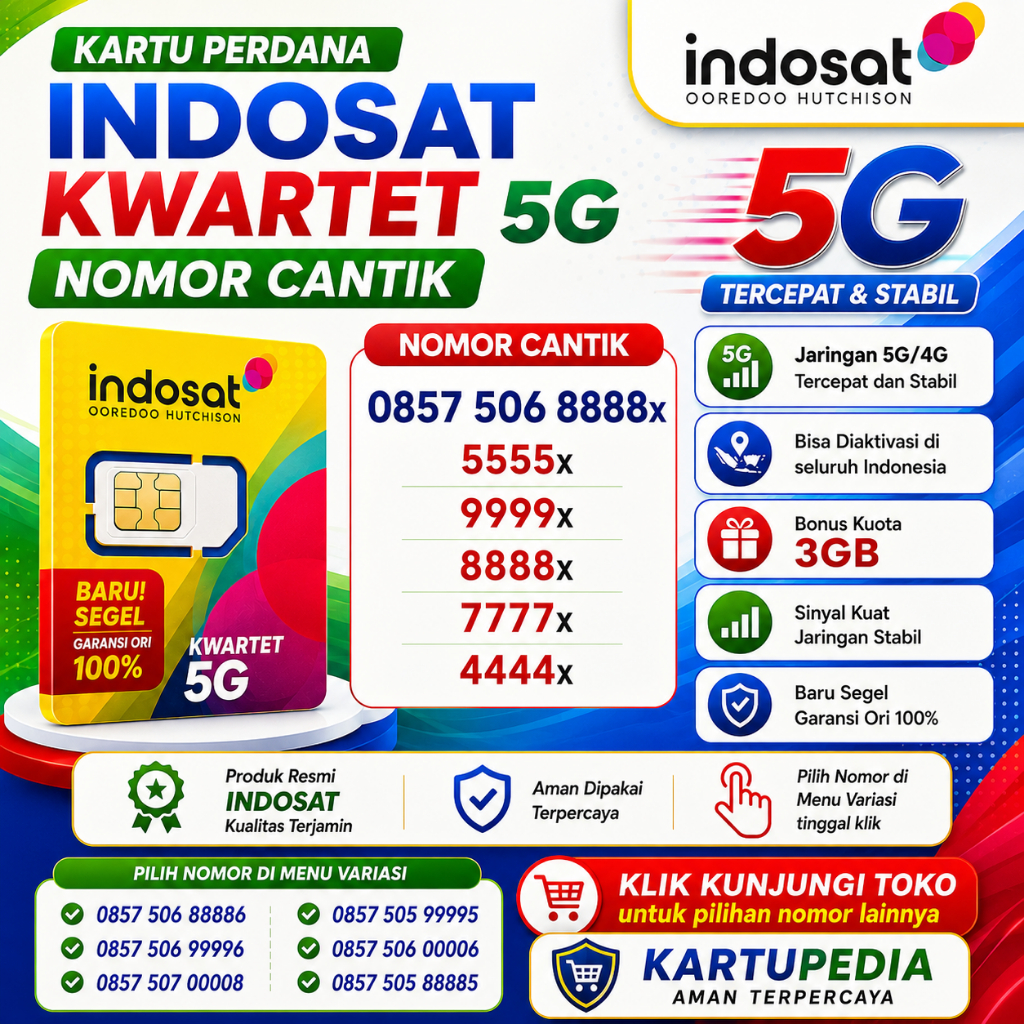 Indosat Ooredoo Hutchison Kartu Perdana Kwartet 5G Nomor Cantik Bonus Kuota 3GB 4G/%G ( KK71 )