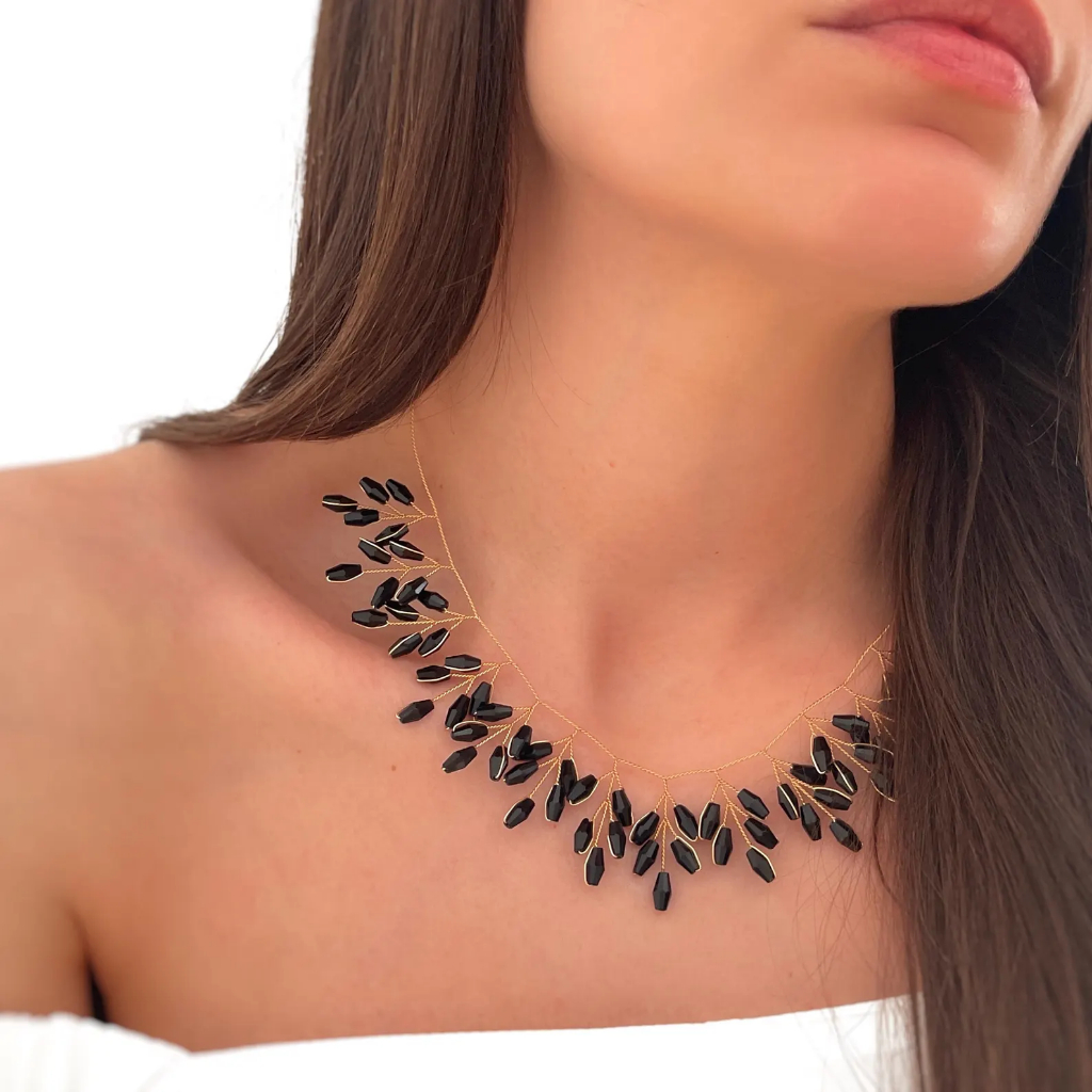 Black Crystal Branch Necklace, Gold Wire Vine Choker,