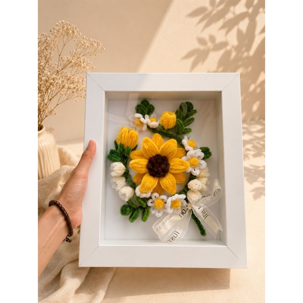 Hiasan Dinding Frame Bunga Kawat Bulu Sunflower Daisy | Gift Wisuda | Gift Anniversary | Gift Hari G