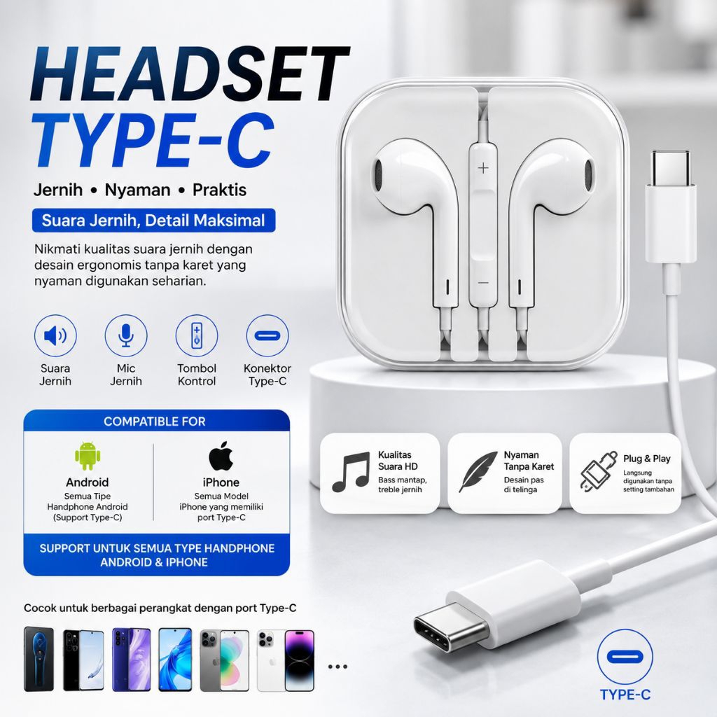 Headset earphone In-Ear Type C IP Android Miniso HF230-White dengan Suara Stereo
