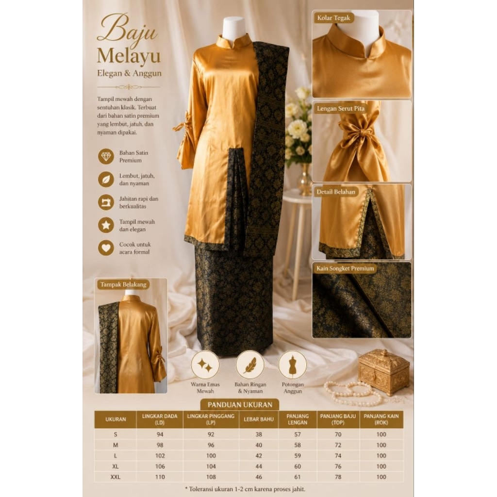 Baju Melayu Wanita Satin Premium Set Songket – Kebaya Modern Muslimah Elegan Kondangan Pesta Wisuda 