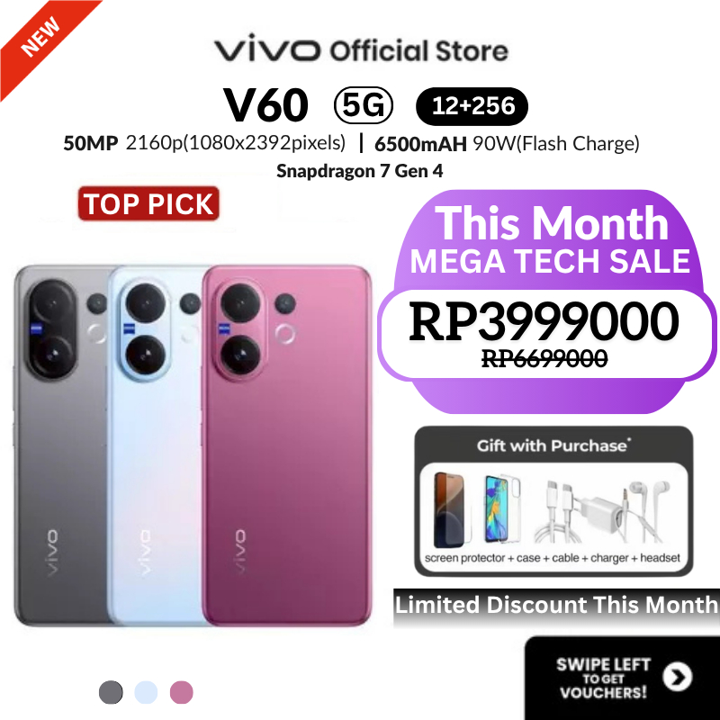 Garansi 5 tahun untuk smartphone vivo V60 5G 16GB + 256GB, lensa telefoto zoom optik 10x, lensa potr