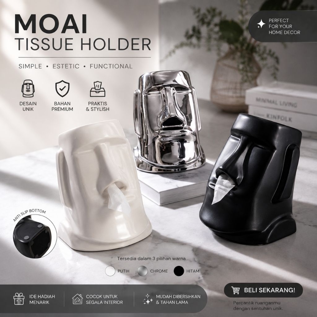 KD88 MOAI | Tempat Tisu Keramik Patung Moai | Tissue Box Hidung Moai Estetik | Hiasan Aksesoris Meja