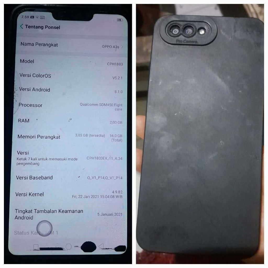 Oppo a3s ram 2/16 normal siap pake minus ringan seperti di gambar ada tompel kecil di bagian bawah h