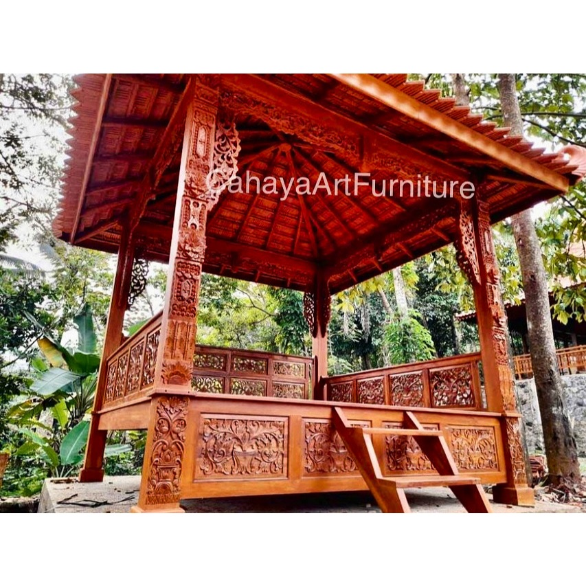 GAZEBO UKIRAN KAYU JATI MINIMALIS UKURAN 2x2 METER | GAZEBO TAMAN KAYU JATI UKIRAN