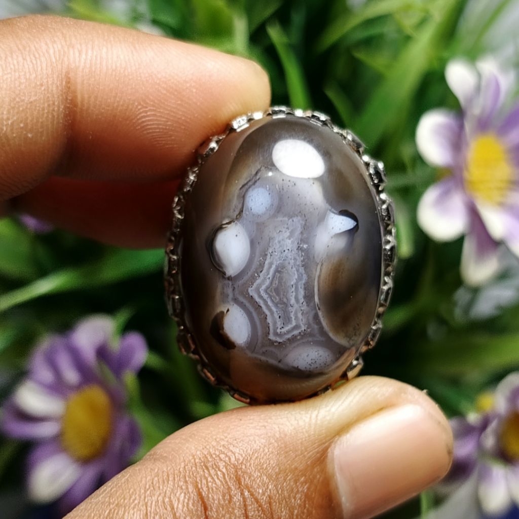 Cincin Batu Akik Klanceng Putih Pamor Kantong Semar